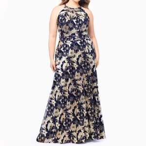 Betsy & Adam. Plus Size Layla Halter Top Foil Print Gown.